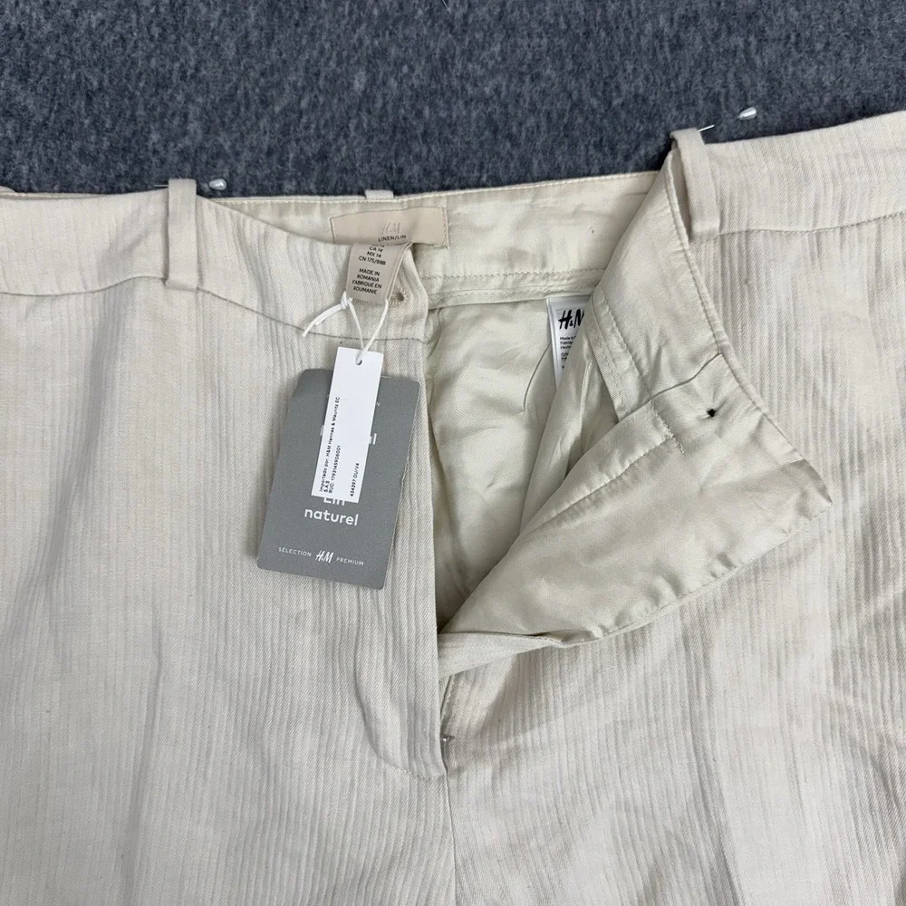 H&M White Linen Wide-Leg Women's Dress Pants, Size 14, Zipper, Flat Front